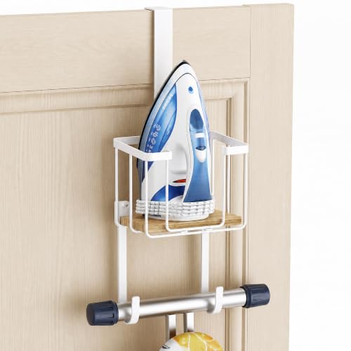 ORLESS Ironing Board Hanger Over Door & Wall Mount, White | 2 in 1 Heavy Duty Iron Board Holder with Storage Basket, Fits T/Y Boards, Laundry Room Space Saver - color: White Iron Natural Wood