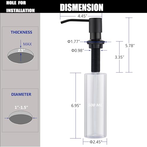 Soap Dispenser for Kitchen Sink Matte Black, Lotion Dispenser for Kitchen Sink Stainless Steel Sink Soap Dispenser 17 OZ Bottle Built in Design Refill from The Top - color: Matte Black