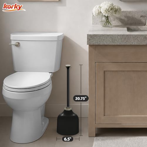 Korky Black Toilet Plunger and Holder – Heavy Duty Compact Design – Fast Clog Removal – Easy to Clean - Made in USA - color: Black