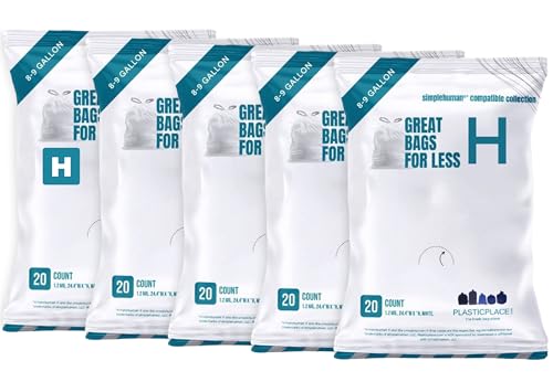 Plasticplace Custom Fit Trash Bags, Compatible with simplehuman Code H Packs, White Drawstring Garbage Liners 8-9 Gallon, 18.5'' x 28'' (20 Count/5 Pack) - color: White, size: 20 Count (Pack of 5)