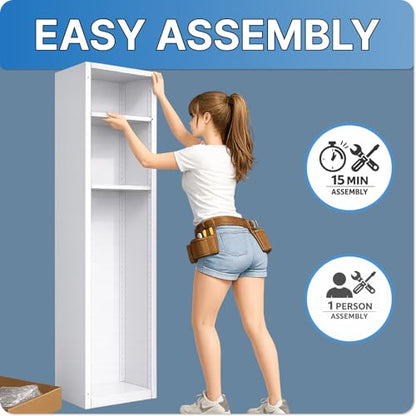 Metal Cleaning Cabinet with Lock – Broom Storage Cabinet with Tool Holders & Shelves – Slim Steel Utility Cabinet for Broom, Mop & Household Supplies – Grey
