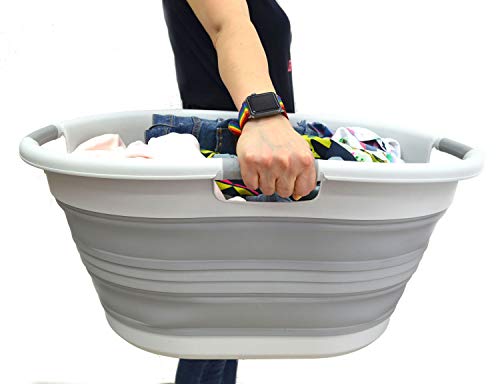 SAMMART 57L (15 Gallons) Collapsible 3-Handled Plastic Laundry Basket - Oval Tub - Portable Washing Tub-Space Saving Laundry Hamper, Water Capacity 44L / 11.6 Gallon (1, Grey) - color: Grey
