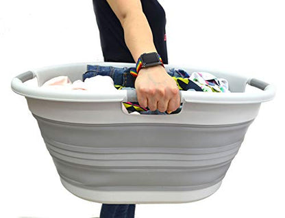 SAMMART 57L (15 Gallons) Collapsible 3-Handled Plastic Laundry Basket - Oval Tub - Portable Washing Tub-Space Saving Laundry Hamper, Water Capacity 44L / 11.6 Gallon (1, Grey) - color: Grey