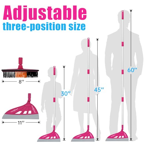 Magic Broom Household Silicone Broom, Multifunction Floor Squeegee with 2 Heads - Brush and Scrape, Magic Broom Sweeper with Extra-Long Adjustable Aluminum Handle for Floor, Glass, Tile (Bright Pink)