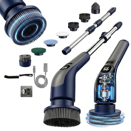 LIVINGPRO Electric Spin Scrubber for Bathroom Cleaning, Cordless Power Scrubber with 70W Dual Speed Motor, LCD Display, IPX7 Waterproof, Adjustable Handle, 7 Brush Heads for Tub Tile Shower Kitchen - color: Dark Blue