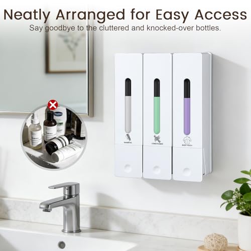 3 Chamber Shampoo and Conditioner Dispenser, No Drill - Wall Mounted Shower Soap Dispenser, Refillable Body Wash Dispenser Set 3, 1200ML Capacity, for Bathroom & Hotel, White - color: White Set of 3