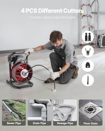 VEVOR 50FT x 1/2 Inch Drain Cleaning Machine, 250W Electric Drain Auger, Portable Sewer Snake Auger Cleaner with Cutters & Air-Activated Foot Switch for 1" to 4" Pipes, Black, Red - style: 50 FT x 1/2''