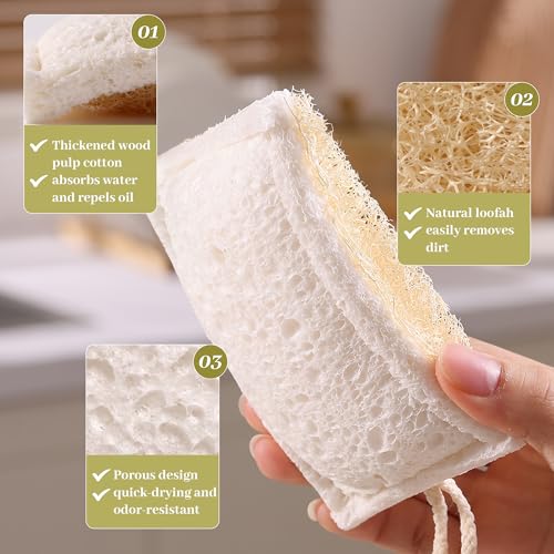 JOYMOOP Compressed Cellulose & Loofah Scrubbers, Non-Scratch Scrub Sponge, Kitchen Sponges for Dishes, 12-Pack, Dual-Sided Dish Sponge for Nonstick Cookware & All Surfaces - color: White [12 Pcs]