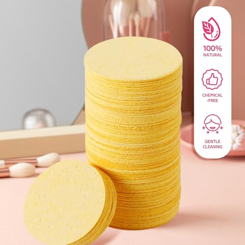 100-Count Facial Sponges Compressed Natural Cellulose Sponge Round Shape Face Sponge for Face Cleansing Exfoliating and Makeup Removal, Yellow - color: 100- Pack Yellow