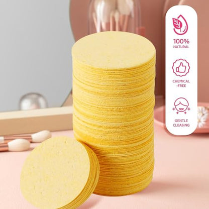 100-Count Facial Sponges Compressed Natural Cellulose Sponge Round Shape Face Sponge for Face Cleansing Exfoliating and Makeup Removal, Yellow - color: 100- Pack Yellow