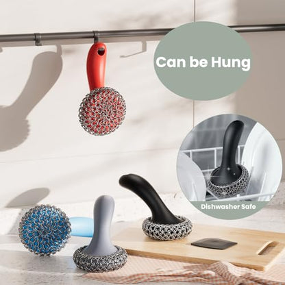 Cast Iron Scrubber with Long Handle | 316 Cast Iron Cleaner Chainmail Scrubber for Cast Iron Pan Skillet Cleaner - Dish Scouring Pad Dishwasher Safe Cleaning Kit (Black, 1 Scrubber + 1 Scraper) - color: Black, 1 Scrubber + 1 Scraper
