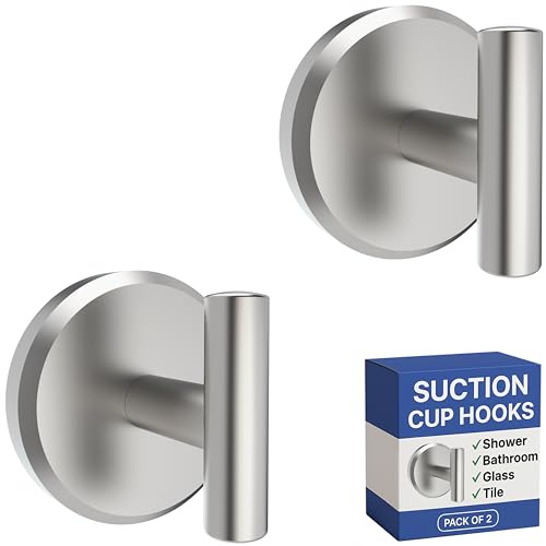 HOME SO Suction Cup Hooks for Shower & Bathroom Towel Holder 2-Pack – Suction Cups Hooks for Hanging Towels, Robes, & Coats - Tiles, Glass Door or Mirror – Shower Hooks & Towel Hooks - Nickel T-Shape - style: Brushed Nickel
