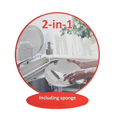 Soap Dispensing Dish Brush 2 In 1 Sponge And Bristle Brush Kitchen Brush For Dishes Pot Pan Sink Cleaning Dish Scrubber Brush With Built In Soap Liquid Dispenser, Long Handle, White