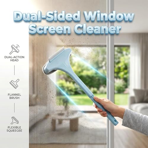 Window Screen Cleaning Brush, 2 in 1 Window Screen Cleaning Brush with Squeegee, for Patio, Door & Porch Screens, Dual-Sided Wet & Dry Use, Blue