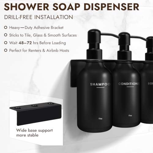 Shampoo and Conditioner Dispenser - Wall Mount Soap Dispenser with Soap Dish & Towel Hook, No Drill Adhesive Bathroom Organizer, Refillable Bottles with Stainless Steel Pump for Home Hotel Spa - Black - color: Black