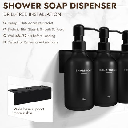 Shampoo and Conditioner Dispenser - Wall Mount Soap Dispenser with Soap Dish & Towel Hook, No Drill Adhesive Bathroom Organizer, Refillable Bottles with Stainless Steel Pump for Home Hotel Spa - Black - color: Black