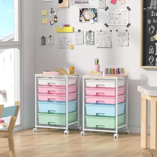 SYKIARIOL Utility Cart with 5 Drawers,Storage Drawer Cart with Wooden Tabletop and Lockable Wheels,Craft Storage Trolley Cart,5-Tier Rolling Utility Cart on Wheels,Rainbow - color: Rainbow