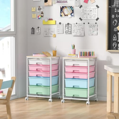 SYKIARIOL Utility Cart with 5 Drawers,Storage Drawer Cart with Wooden Tabletop and Lockable Wheels,Craft Storage Trolley Cart,5-Tier Rolling Utility Cart on Wheels,Rainbow - color: Rainbow