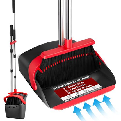 Broom with Dustpan Combo Set, Dust Pans with Long Handle for Upright Sweeping, Standing Broom and Dustpan Set with Self-Cleaning Teeth for Home, Kitchen & Office Floors(Red & Black) - color: Red & Black
