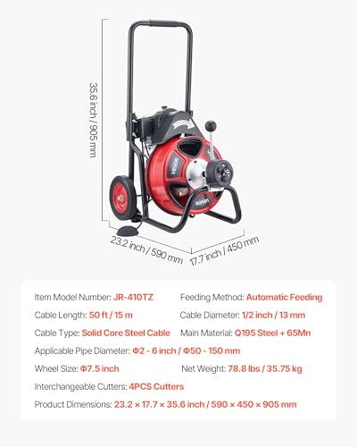 VEVOR Drain Cleaner Machine 50 FT x 1/2 Inch, Auto Feed Sewer Snake Auger on Wheels, Portable Drain Cleaning Machine with 4 Cutters & Air-activated Foot Switch for 2" to 6" Pipes - style: 50 FT x 1/2''