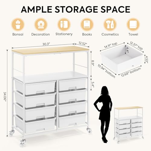 Rolling cart with 8 drawers,Storage drawer cart with wooden tabletop,Lockable wheels organizer for homeschool, arts & crafts, classroom, office & creative spaces (White) - color: White