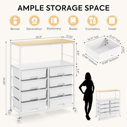 Rolling cart with 8 drawers,Storage drawer cart with wooden tabletop,Lockable wheels organizer for homeschool, arts & crafts, classroom, office & creative spaces (White) - color: White