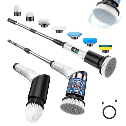 Electric Spin Scrubber, Cordless Power Cleaning Brush with 7 Replaceable Heads, Adjustable Long Handle, & LCD Display, IPX7 Waterproof Shower Scrubber for Bathroom, Tub, Tile, Kitchen & Car