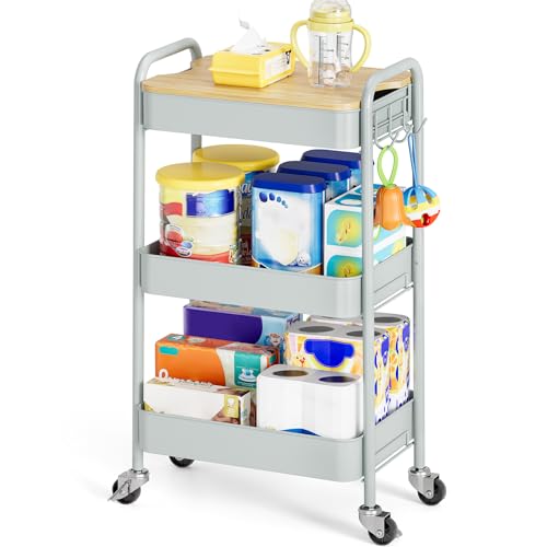 TOOLF 3-Tier Rolling Cart with Table Top, Metal Storage Cart on Wheels, Utility Organizer with Wooden Tray, Lockable Casters, Easy Assembly for Bathroom, Bedroom, Baby Room, Kitchen, Green - color: Green