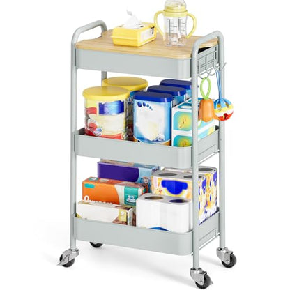 TOOLF 3-Tier Rolling Cart with Table Top, Metal Storage Cart on Wheels, Utility Organizer with Wooden Tray, Lockable Casters, Easy Assembly for Bathroom, Bedroom, Baby Room, Kitchen, Green - color: Green