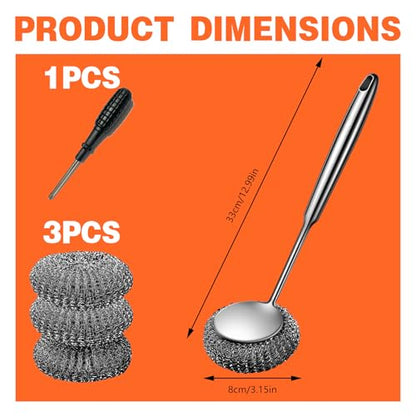Stainless Steel Scourer Scrub Set with Long Handle Brush+Steel Ball+Screwdriver Metal Scouring Pad Removes Grease, Oil and Dirt Stains from Pots, Dishes and Bakeware (B) - color: B