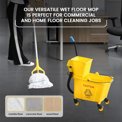 35Qt Commercial Mop Bucket with Side Wringer,Including 1* Commercial Loop-end Mop and 1* Mop Head Replacement