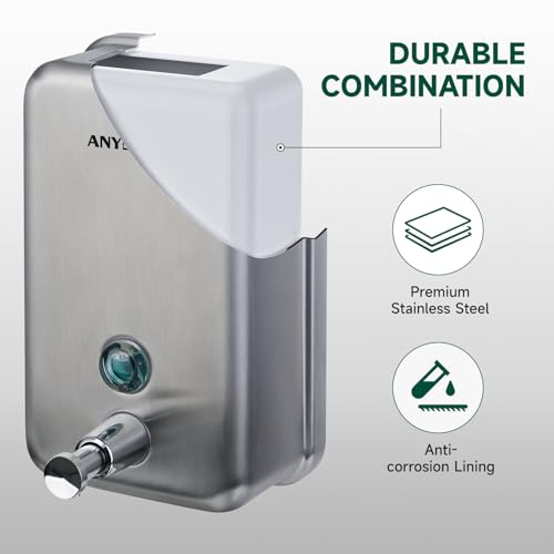anydry Commercial-Grade Manual Soap Dispenser, Durable Brushed Stainless Steel Finish, 37oz (1100ml) Liquid, Wall-Mounted for Bathroom & Kitchen - color: Brushed