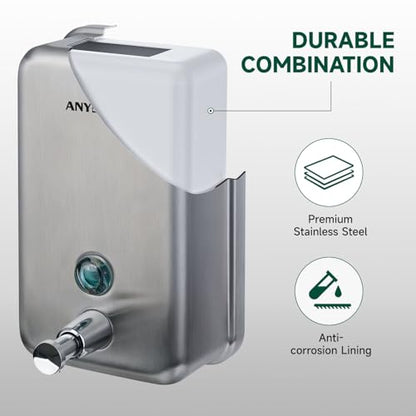 anydry Commercial-Grade Manual Soap Dispenser, Durable Brushed Stainless Steel Finish, 37oz (1100ml) Liquid, Wall-Mounted for Bathroom & Kitchen - color: Brushed