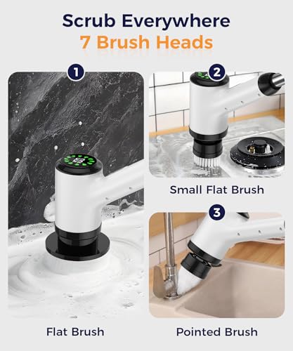 Electric Spin Scrubber, Cordless Bathroom Scrubber with 7 Brush Heads, Adjustable Long Handle Shower Scrubber for Tile Grout, Kitchen Sink, Tub, Floor, Car Wheel, White-te1 - size: 7heads