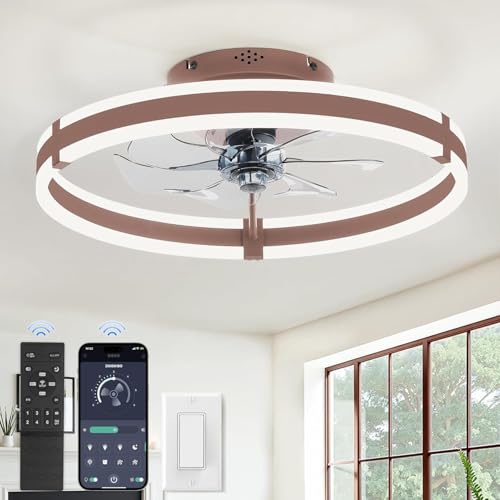 ZMISHIBO Ceiling Fans with Lights and Remote, 19.7'' Low Profile Ceiling Fan, 3000-6000K Dimmable Modern Flush Mount LED Fan Light, 6 Wind Speeds, Brown Fandelier Ceiling Fans for Bedroom - color: Brown, size: 19.7 INCH