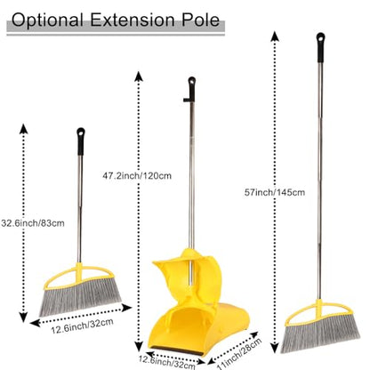 Long Handle Heavy Duty Broom and Dustpan Set, Outdoor and Commercial Upright Dustpan and Brush for Restaurant Garage Garden Yard Office, Yellow - color: Yellow