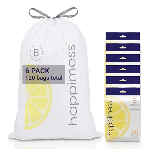 happimess 5.3 Gallon (20L) Drawstring Trash Bags, Lemon Scent, White, Heavy Duty MDPE Liners for Kitchen and Household, Odor Control, Custom Fit 120 Count (6 Packs of 20 Liners) HPM3100B-W-6SET - color: White (Lemon Scented), size: 120 Count (Pack of 1)