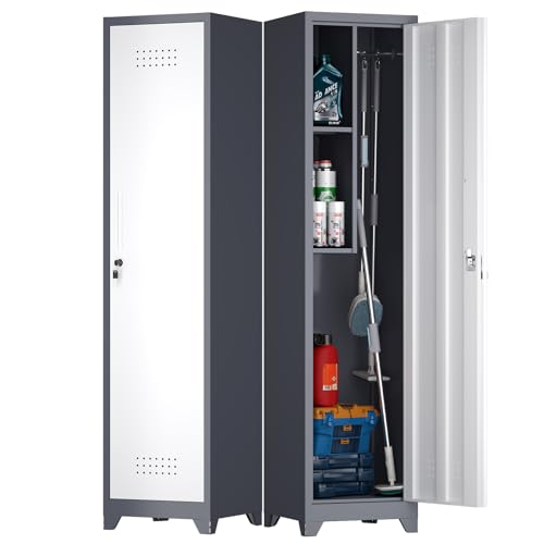 65" H Slim Broom Storage Cabinets, Utility Cabinet for Brooms and Mops, Steel Cleaning Tool Cabinet with Hanging Rod & S-Hooks for Bathroom, Garage - color: Gray&white, size: 65''H-1 door