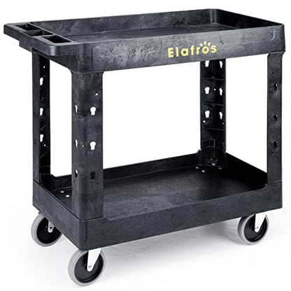 ELAFROS Heavy Duty Plastic Utility Cart 34 x 17 Inch - Work Cart Tub Storage W/Deep Shelves and Full Swivel Wheels Safely Holds up to 550 lbs - 2 Tier Service Cart for Warehouse,Garage, Cleaning