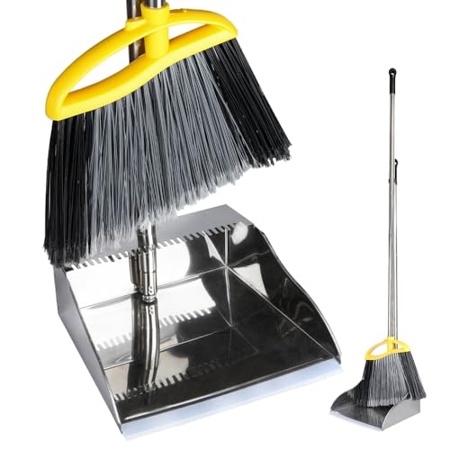 Broom and Dustpan Set, Outdoor Heavy Duty Broom with Stainless Steel Dustpan,Stiff Bristles Broom and Metal Dust Pan for Home