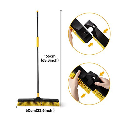 Yocada 24 inch Push Broom Brush 65.3 inch Long Handle Stiff Bristles Heavy-Duty Outdoor Commercial Broom for Cleaning Bathroom Kitchen Patio Garage Deck Concrete Wood Stone Tile Floor