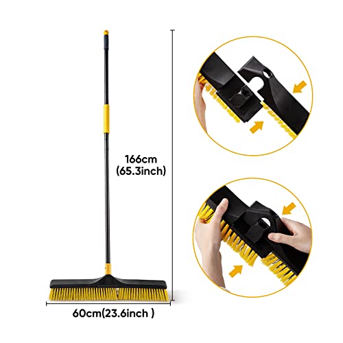 Yocada 24 inch Push Broom Brush Stiff Bristles Heavy-Duty Outdoor Commercial for Cleaning Bathroom Kitchen Patio Garage Deck Concrete Wood Stone Tile Floor 65.3inch Long Handle 2PCS