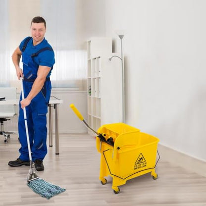 Mop Bucket with Side Press Wringer on Wheels, 20 Quart Side Press Wringer Combo Mop and Bucket with Wringer Set, Commercial Mop Bucket on Wheels for Home Business Cleaning (Yellow)