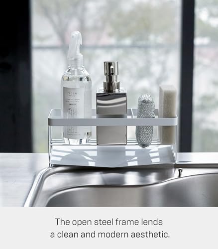 Yamazaki Home Tower Self-Draining Sponge and Soap Bottle Rack, Kitchen Sink Organizer Metal Holder with Removable Tray - Steel - color: White