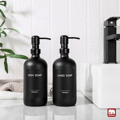 GMISUN Black Soap Dispenser, 2 Pack Matte Black Hand Soap Dispensers Bathroom with Stainless Steel Pump, 17 Fl Oz Glass Dish Soap Dispenser Set for Kitchen, Modern Liquid Soap Bottle with Labels - color: Black Bottle + Black Pump