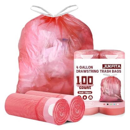4 Gallon Trash Bags Drawstring 100 Count, JUKFITA Extra Strong Small Garbage Bags, Unscented Trash Can Liners for Bathroom Restroom Office Kitchen, Red - color: Red, size: 100 Count (Pack of 1)