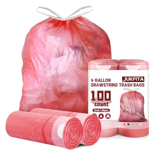 4 Gallon Trash Bags Drawstring 100 Count, JUKFITA Extra Strong Small Garbage Bags, Unscented Trash Can Liners for Bathroom Restroom Office Kitchen, Red - color: Red, size: 100 Count (Pack of 1)