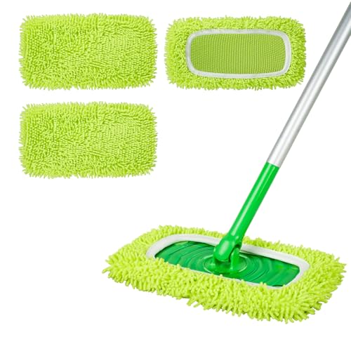 Reusable 100% Chenille Mop Pads Compatible with Swiffer Sweeper, Wet and Dry Flat mop Cover, 3 Pack Washable Pads for Surface/Hardwood Floor Cleaning - color: Fluorescent Green 3 Pack
