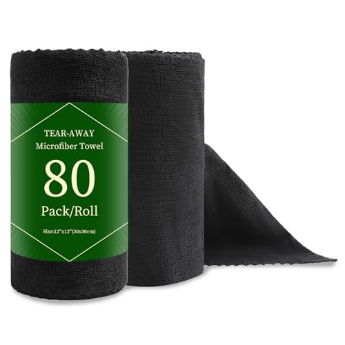 80 Pack Microfiber Cleaning Cloth Roll Reusable Paper Towels 12"x12" Black Tear Away Cloth, Microfiber Towels for Cars, Wash Cloths, Lint Free Rags for House, Kitchen,Window,Cleaning Supplies - color: Black