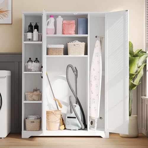 DWVO Broom Closet Storage Cabinet, Wooden Organizer for Ironing Board and Bucket Vacuum Cleaners, Double-Door Cleaning Cabinet for Laundry Rooms and Utility Spaces